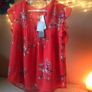Orange floral pleated blouse